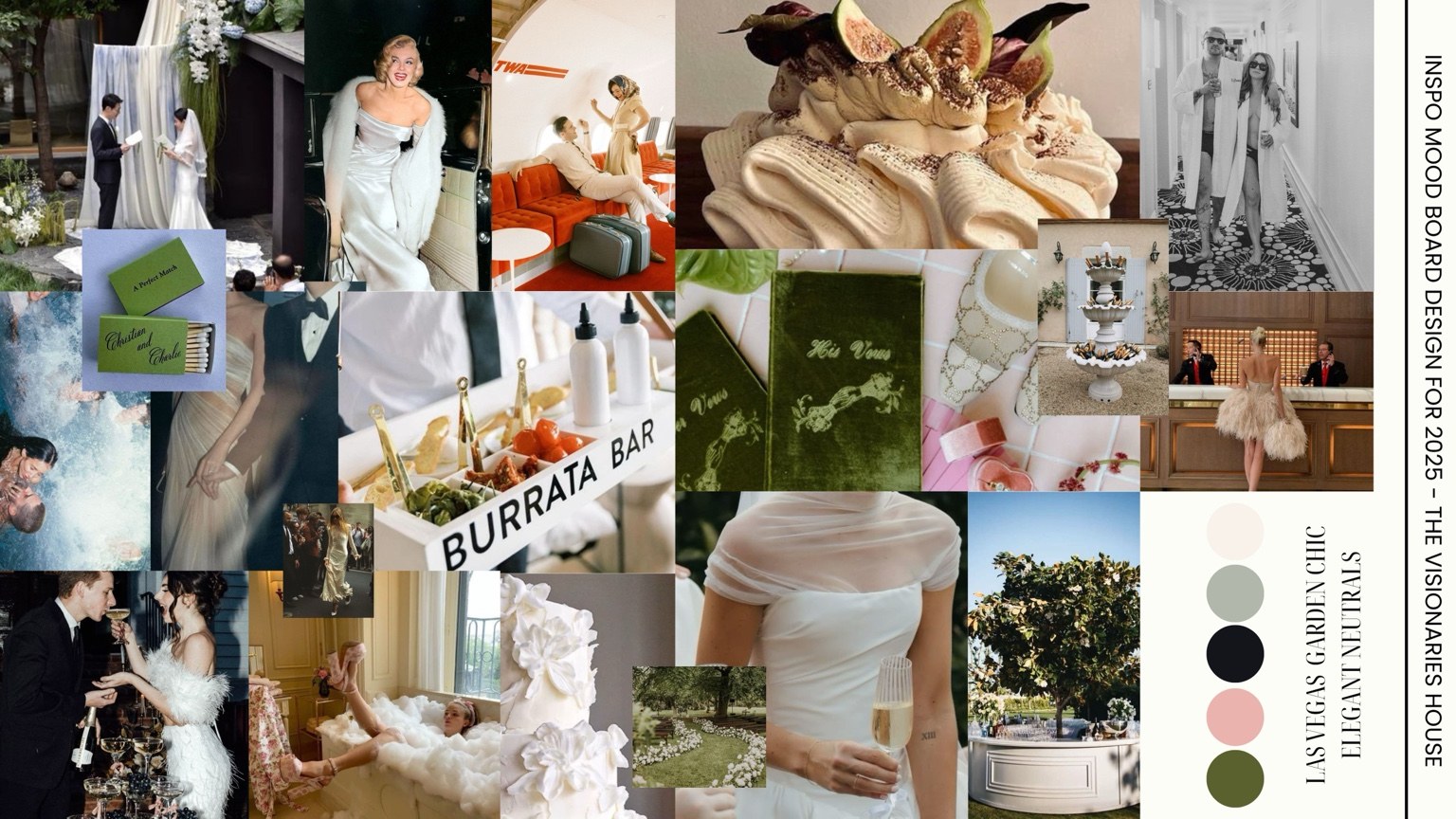 Cream, green, tactile textures, sculptural florals, and unexpected food details. Inspiration collage.