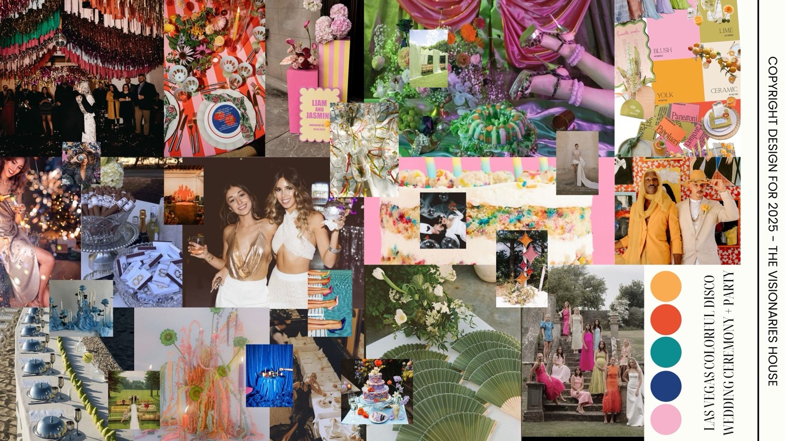 Saturated color, draped fabric, lush foliage, and a joyful, maximalist celebration. Inspiration collage.