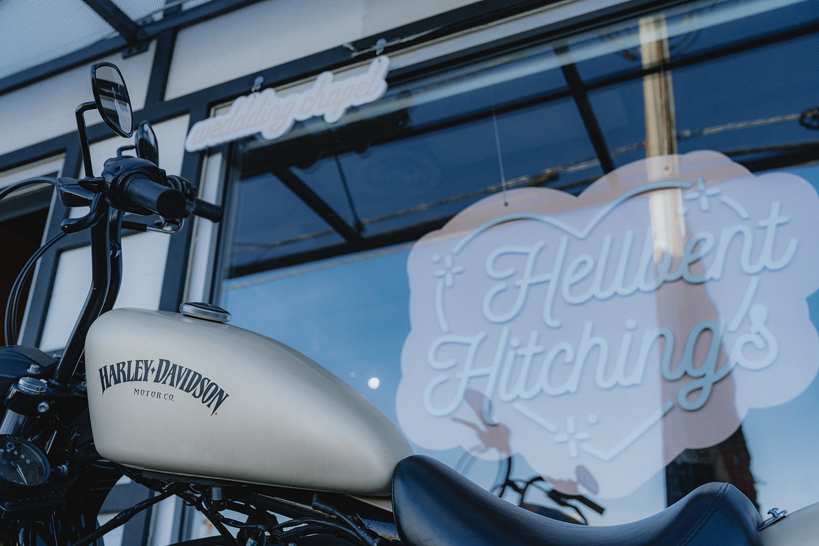 Motorcycle outside Hellbent Hitchings chapel, cover of The Visionaries House X DTLV March 19, 2025 gallery