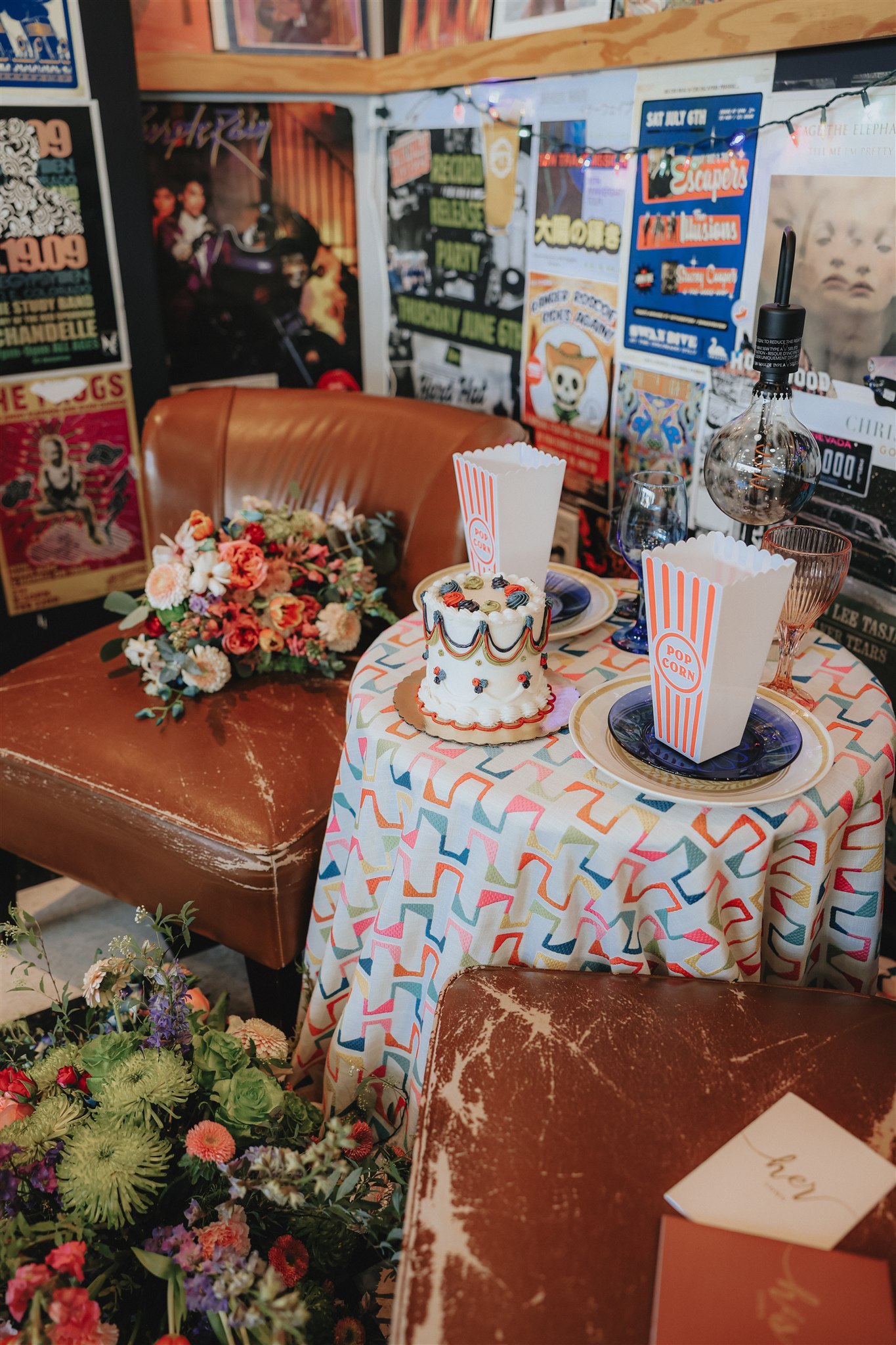 Florals, cake, linens and styling at the Las Vegas record-store editorial